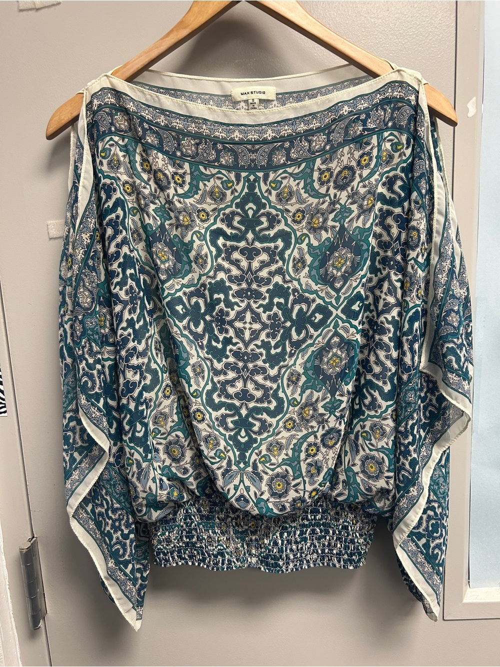 Max Studio Teal, White and Yellow Printed Boatneck Split Sleeve Tunic